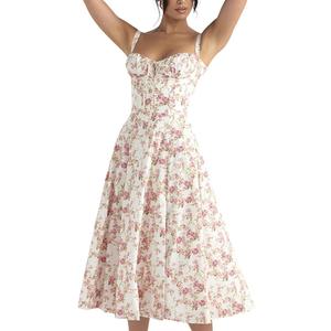 Women Floral Corset Dress, Boho Summer Spaghetti Straps Square Neck Casual Midi Dress Flowy Slit Bustier Dresses (X-Large, White+pink Floral)