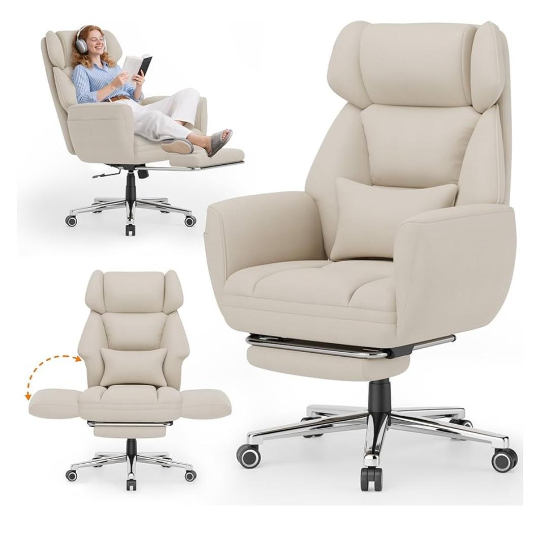 GABRYLLY Office Criss Cross Chair with Footrest, Big and Tall Executive Chair with Wide Seat,Reversible Armrest,Wheels, Lumbar Pillow and 120°Tilt,Computer Desk Chair for Gaming,Meditation,Ivory