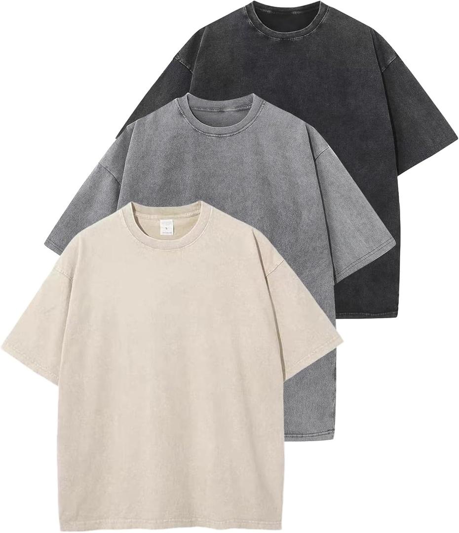 Arssm 3 Pack Men Oversized T Shirts Vintage Tee Loose Fit Short Sleeve Casual Streetwear Baggy Washed Unisex Tops(BlackGreyBeige-L)
