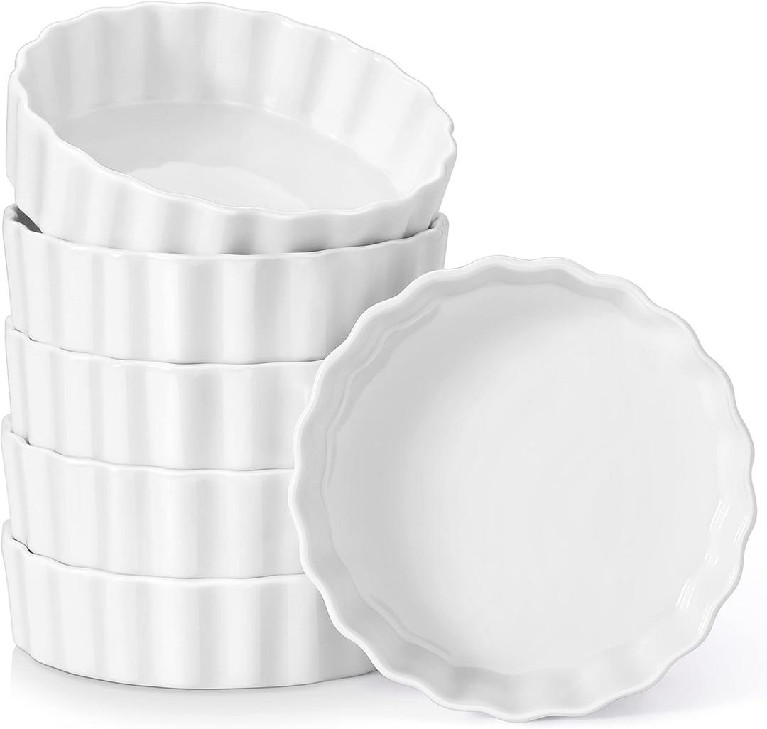 LOVECASA Porcelain Ramekins 8 Oz Oven Safe Set of 6 - Shallow Creme Brulee Dishes for Baking, Souffls, Custards, Fluted Quiche Pans, Chip-Resistant & Stackable, White (4.6 Inches)