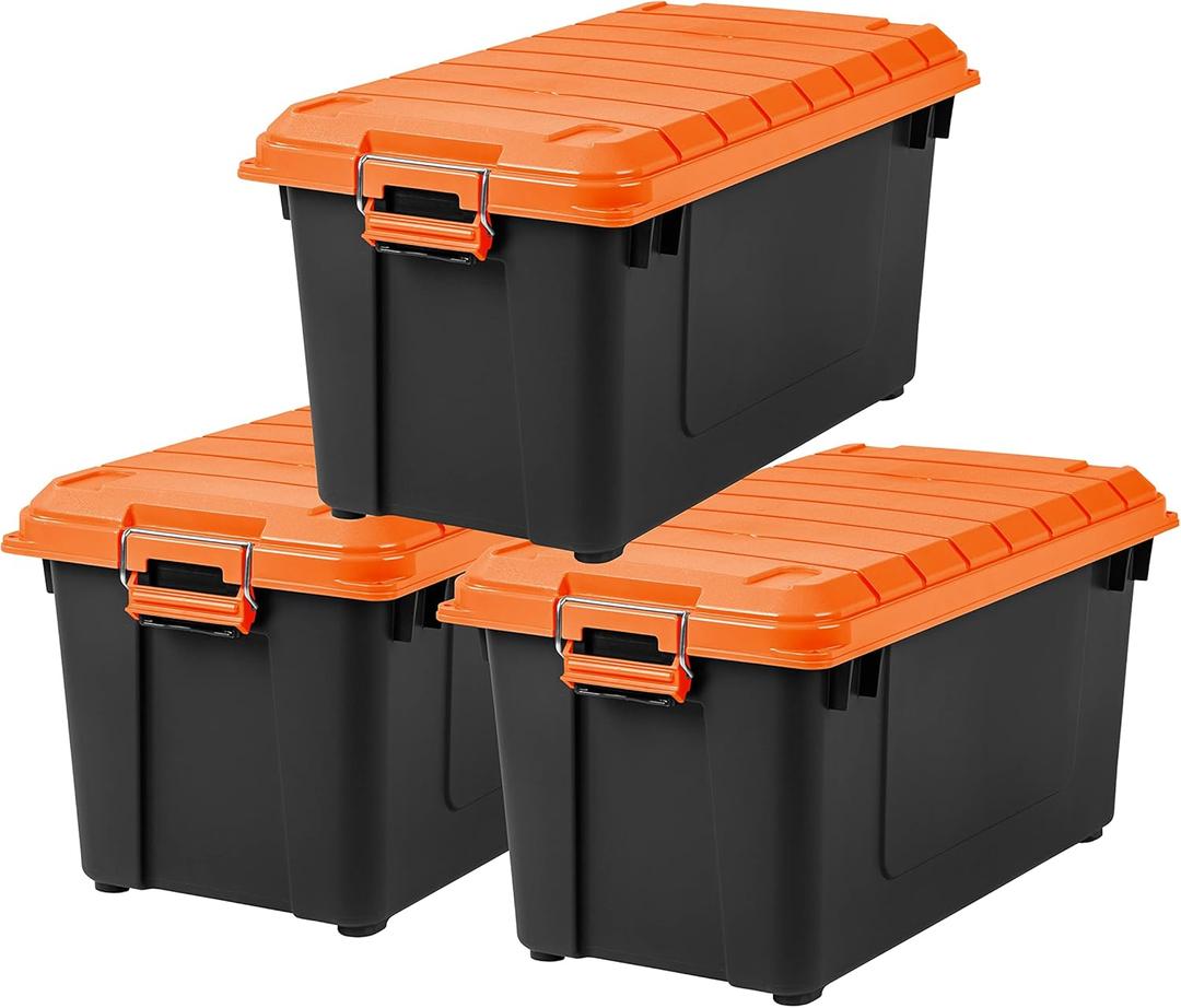 IRIS USA 21 Gallon Heavy-Duty Plastic Storage Bins, Store-It-All Container Totes with Durable Lid and Secure Latching Buckles, Garage and Metal Rack Organizing, Black/Orange, 3 Pack