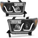 AUTOSAVER88 LED DRL Headlights Assembly Compatible with 2007-2013 Toyota Tundra / 2008-2017 Sequoia Headlamp Replacement Pair Set with Daytime Running Light Black Housing Amber Reflector