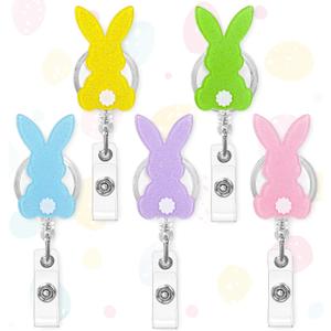 FYSUIMU 10 Pcs Easter Bunny Badge Reels with Clip Retractable Pastel Spring Rabbit ID Badge Holder Glitter Acrylic Name Tag Clips for Teacher Nurse Office Staff