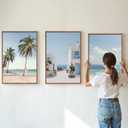Rantodecor Beach Themed Framed Canvas Wall Art, Palm Tree Surfboard Van Wall Decor, Nordic Blue and White House Art Painting, Modern Relaxing Seascape Artwork for Bedroom Living Room Office 16"x24"x3, 24"x16"