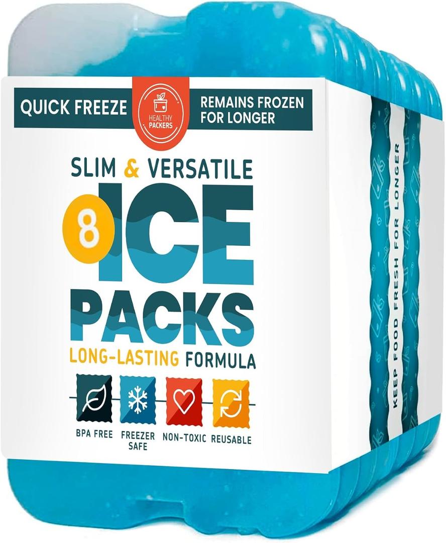 Healthy Packers Ice Packs for Lunch Boxes & Coolers - Freezer Packs - Original Cool Pack | Cooler Accessories for Beach, Camping & Fishing | Slim & Long-Lasting Reusable Ice Pack for Cooler (Blue (8 Pack))