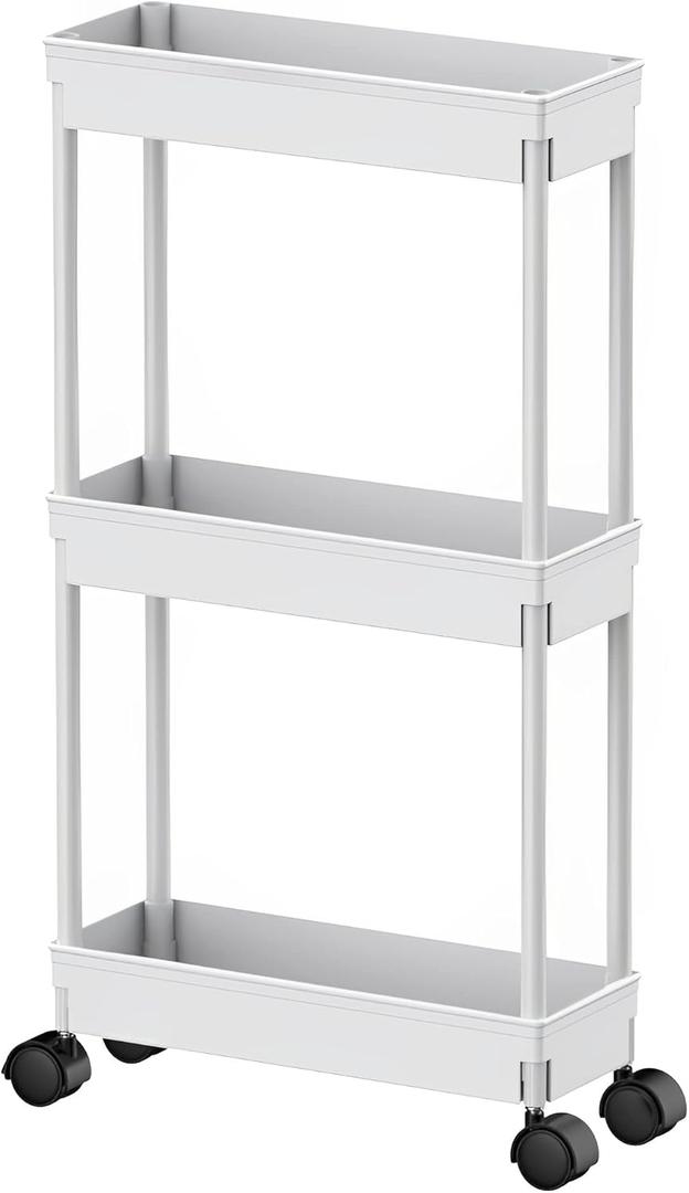 Sooyee 3 Tier Rolling Cart with Wheels, Slim Storage Cart, Under Desk Narrow Rolling Utility Cart Storage Organizer for Office Bathroom Kitchen Laundry Room Narrow Places, White, Plastic and Metal