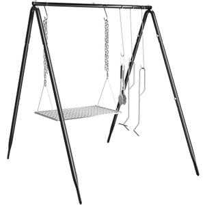 Grill Swing Campfire Cooking Stand, BBQ Grill for Cookware, Bruntmor Dutch Oven Adjustable Collapsible Legs with Hooks and Accessories