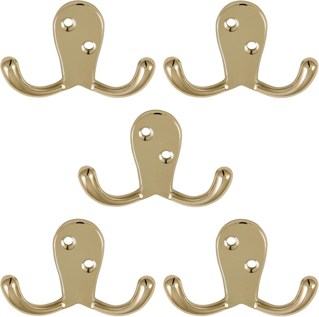 Design House Wall-Mounted Coat Hat Towel Robe in Bathroom or Closet, Double Hook Horizontal, Polished Brass, 5 Pack