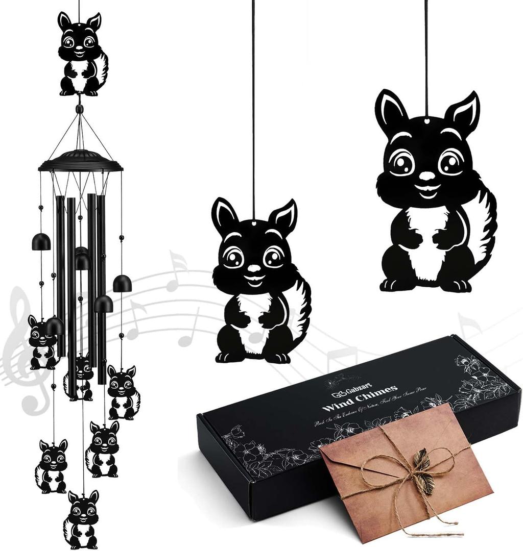 Gabzart Squirrel Wind Chimes for Outside/Indoors, Squirrel Gifts for Women Mom Grandma, Aluminum Tubes Windchimes S Hook, 37" Wind Chime Hanging Decor for Home Patio Garden Porch Yard (Black-Squirrel)
