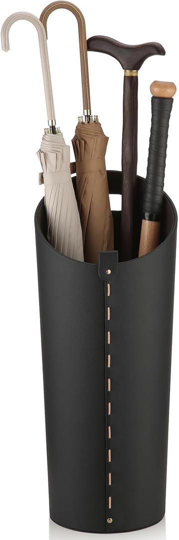 Black Umbrella Holer for Entryway with Drip Tray and 2 Steel Hooks Leahter Tall 22.44 Inches Umbrella Stand Rack Indoor Can Store 10 Golf Umbrellas or Crutches Toy Swords etc