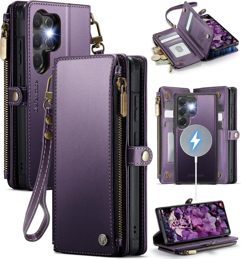 Defencase for Samsung Galaxy S25 Ultra Magnetic Wallet Case Compatible with Magsafe with RFID Blocking Zipper & Card Holder Women, PU Leather Detachable Phone Case for Galaxy S25 Ultra 6.9", Purple