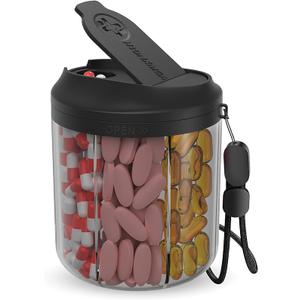 Pill Dispenser with 7 Large Compartments, Pill Organizer for Travel, Supplement Organizer with Anti-Mixing Design, BPA-Free Pill Container with 20 Pcs Labels, Black