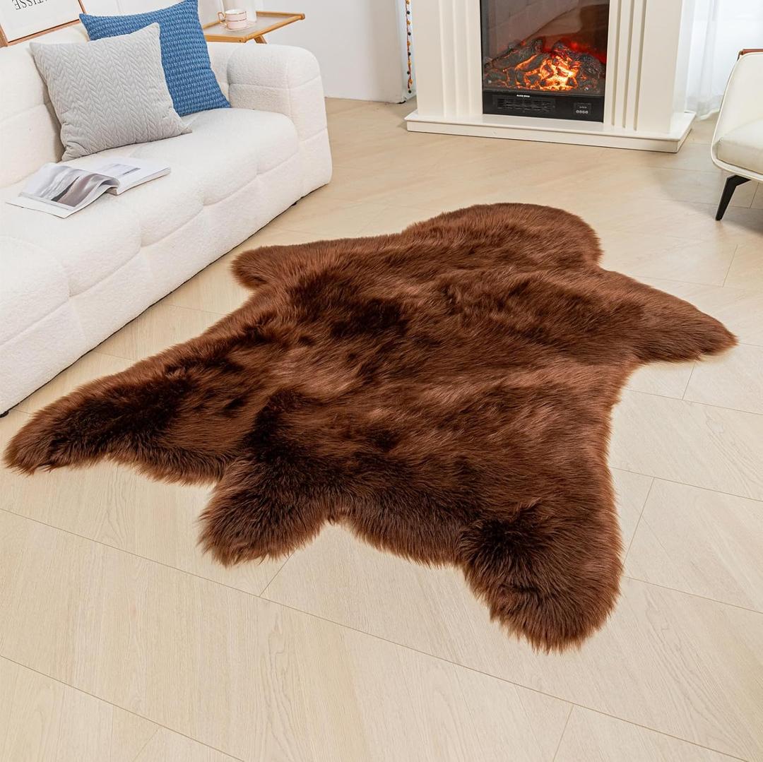 Brown Bear Rug Faux Cowhide Rug Animal Print Area Rug Faux Sheepskin Fur Carpet Decor for Living Room Brown 5.1x6.1 Feet