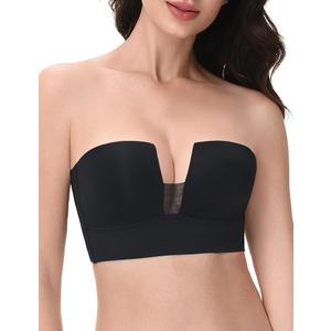 Strapless Bra Push Up Padded Deep V Plunge Bras for Women,Longline Underwire Support Anti-Slip Black 40B