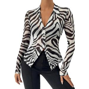 GORGLITTER Women's Sheer Mesh Zebra Shirt Top Long Sleeve V Neck Button Front See Through Blouses Black and White Medium