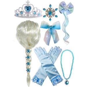 Princess Wig Braid with Tiara Necklace Gloves Princess Dress Up Costume Cosplay Accessories for Kids Girls
