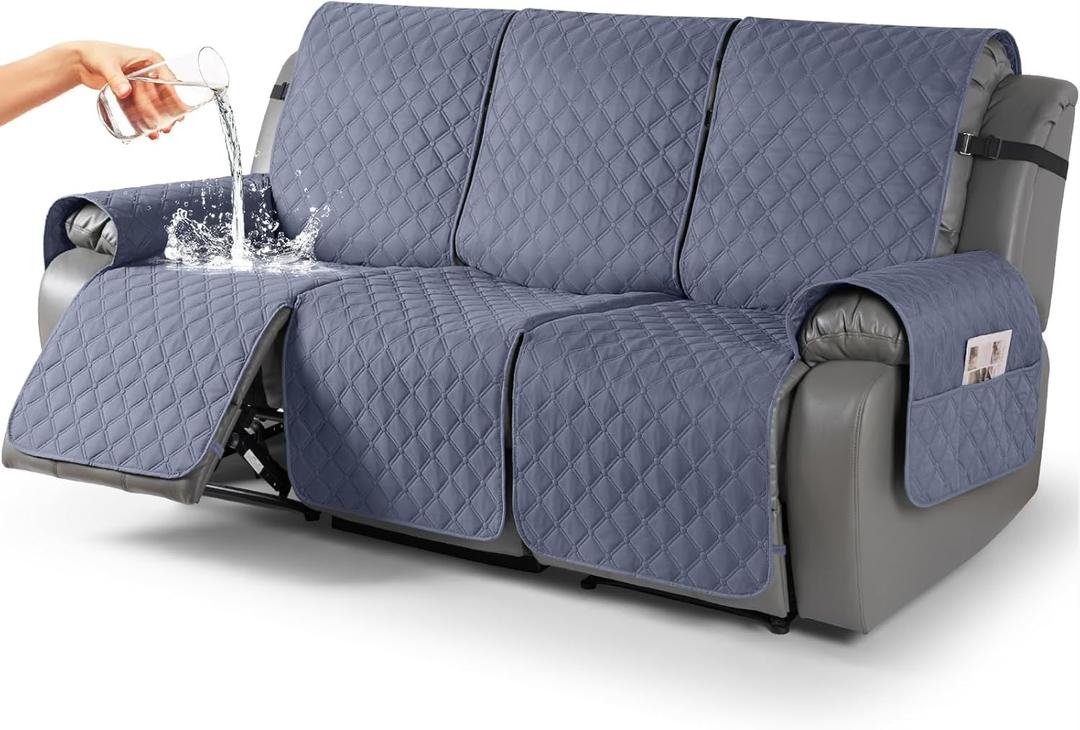 TAOCOCO 100% Waterproof Recliner Covers, Recliner Sofa Covers with Leg Straps, Reversible Recliner Couch Cover for Reclining Chair, Washable Couch Protector for Pets Kids(3 Seater, Bluish Gray)