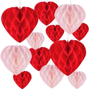 12 Pcs Heart Honeycomb Ball Heart Shaped Hanging Paper Pom Poms Decorations Valentines Photo Backdrop Decor Birthday Wedding Baby Shower Party Supplies