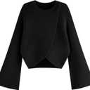 CIDER Cropped Sweaters for Women Turtleneck Sweater Long Sleeve Ribbed Knit Lantern Sleeve Pullover Fall Outfits (Medium, Crewneck-black)