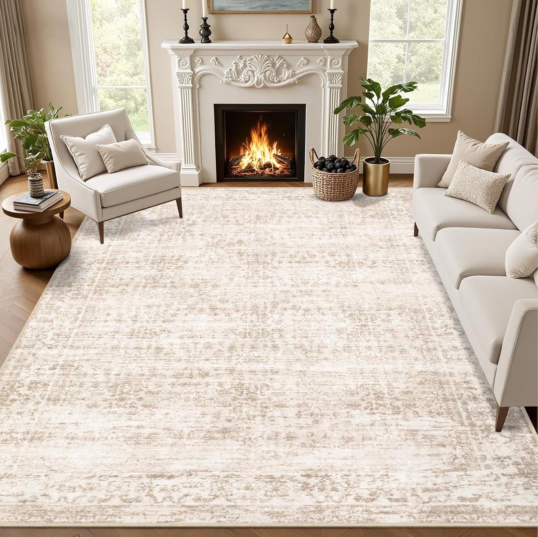 8x10 Area Rugs for Living Room: Washable Rug Soft Vintage Boho Carpet Indoor Floor Non-Slip Stain Resistant Floral Large Carpets for Bedroom Dining Room Farmhouse Nursery Home Office Beige