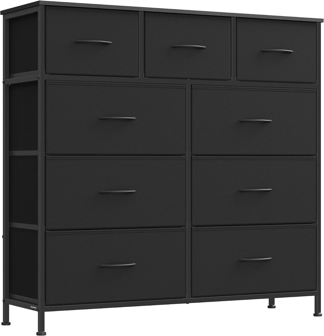 SONGMICS Dresser for Bedroom, Chest of Drawers, Steel, MDF, 9 Non-Woven Fabric Drawers, Storage Organizer Unit, Closet, Entryway, Ink Black and Ebony Black ULGS324B01S