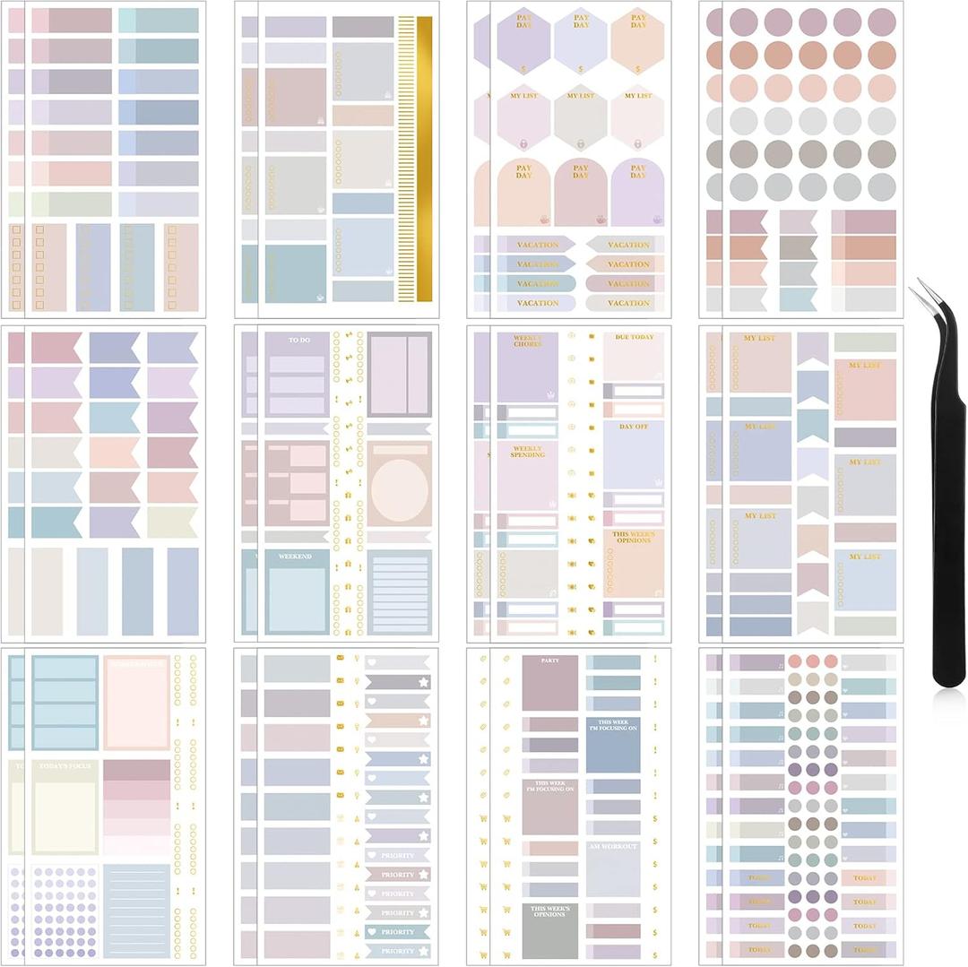 24 Sheets Pastel Functional Planner Stickers with Elbow Tweezer Mixed Metallic Functional and Elegant Stickers for Planners Notebooks Budgeting(Lovely Color)