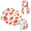 Pink Strawberry Pattern Working Caps with Button & Sweatband,Long Hair Bouffant Scrub Hats Lace-Up Hat with Hair Tie for Women