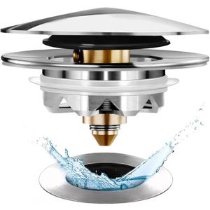 Bathtub Drain Stopper, Pop Up Tub Stopper and Cover, Bottom with Hair Catcher, Universal for 1.45 to 1.8 in Drain, Replaces Old Drain Plug, Chrome Silver