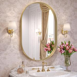 Brightify Gold Oval Mirror for Bathroom Vanity 20x30 Inch, Gold Metal Frame Mirrors for Wall, Modern Mirror for Bedroom Living Room Wall Decorative Hang Vertical and Horizontal