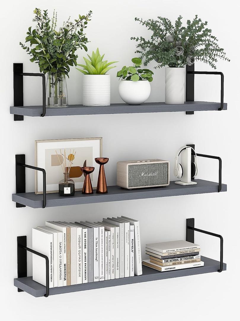 Floating Shelves - 24 Inch Wall Mounted Set of 3, Rustic Wood Storage Shelves for Living Room (Grey)