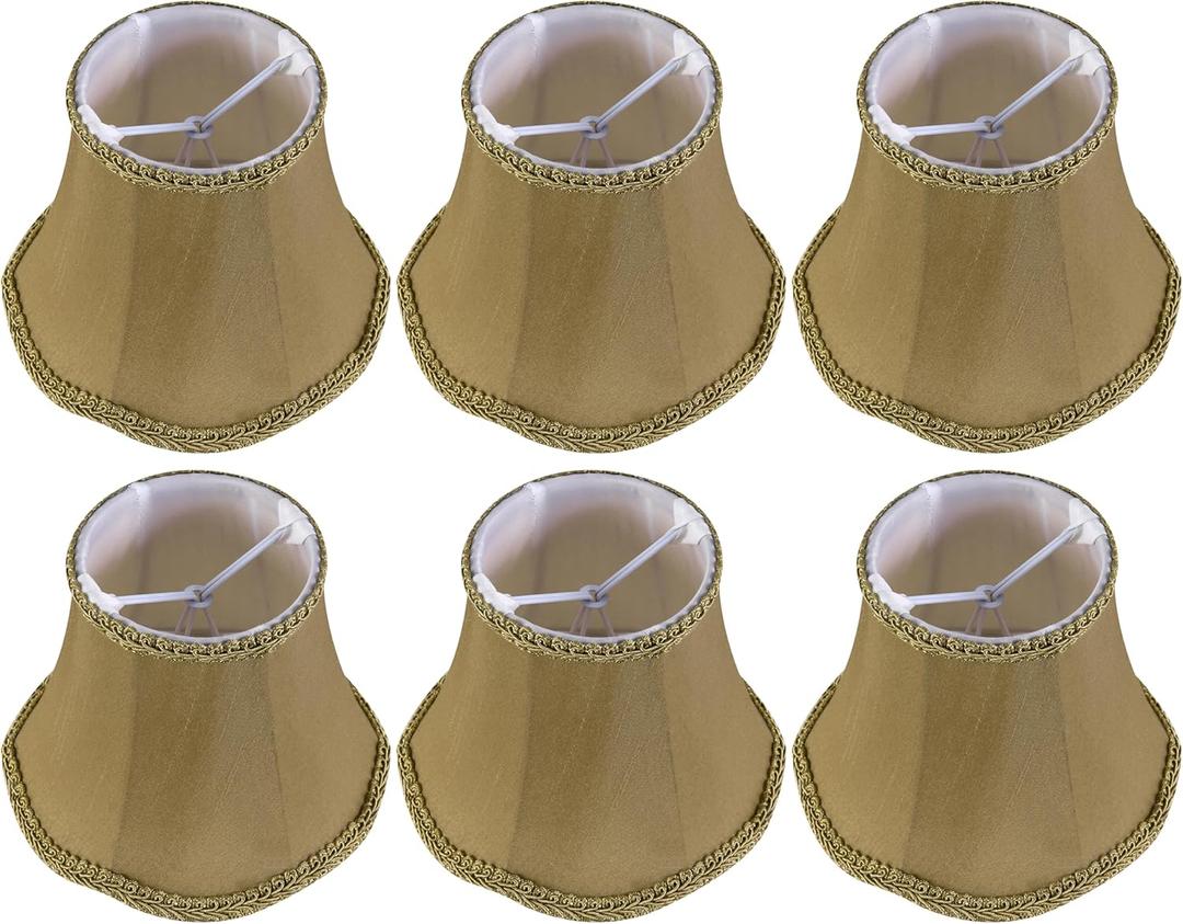 GO&SO 6-Pack Dark Tan Silk Chandelier Lamp Shades with Dark Tan Petal Trim,(3.15"x5.5"x4.72") Small Lamp Shades Clip on Bulb for Chandelier/Table/Wall Lights,Nordic Style Fabric Bell Lamps Shade
