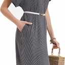 Womens Casual T Shirt Dress Summer Fall Crewneck Loose Fit Side Split Knee Length Dress Ribbed Pattern with Pockets (Gray, S)