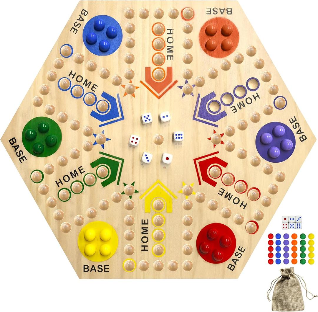 Wooden Board Game, Board Game Original Marble Game Double Sided Painted 2 to 6 Player Fast Track Wooden with 6 Colors 24 Marbles 6 Dice for Adults Kids Family(24 INCH)