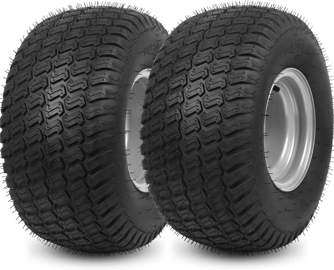 AR-PRO 2-Pack 18x9.5-8 Lawn Mower Tire and Wheel Assembly, 4-Ply Tubeless Turf Tires on Silver Rim, 4 Lug 4" Bolt Pattern, 2.83" Center Hole, for Zero Turn & Riding Mowers