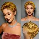 Honey Blonde #27 Short Curly 13X4 Lace Front Pixie Cut Wigs 100% Human Hair for Black Women, Honey Blonde Curly Deep Wave 13x4 Lace Front Glueless Wig Finger Wavy Natural Look Daily Wear Mommy Wig