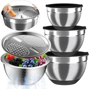 Mixing Bowls with Airtight Lids, Stainless Steel Mixing Bowl Set with 3 Metal Nesting Bowls, Colander & Grater, Non-Slip Bottoms, Size 1.5, 2.5, 5 QT, Great for Mixing & Serving, Black