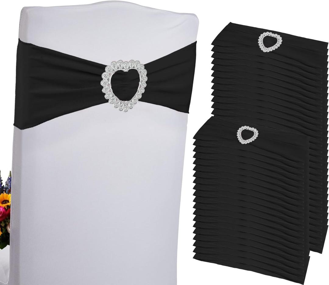 100PCS Spandex Chair Sashes Bows Stretch Chair Cover Band,Elastic Chair Ties for Wedding Party Birthday Reception Banquet Decoration (Black)