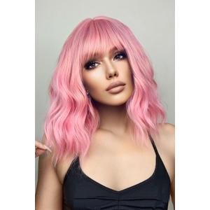 Pink Wig with Bangs Short Wavy Wigs for Women Pink Curly Shoulder Length Bob Wig Synthetic fiber Wigs for Cosplay Daily Party Use (14 Inch)