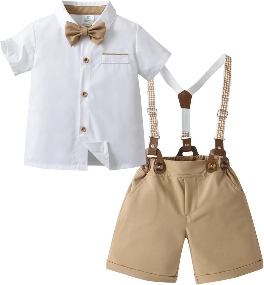 Boarnseorl Baby Boys Gentleman Outfits Shorts Sets,Infant Shirt + Shorts + Bow Tie + Suspenders (2T / 3T, White+khaki)