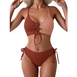 B2prity Women's Sexy Bikini Set Color Block Lace Up 2 Piece Bathing Suit Tie Side Swimsuit (Large, Red Brown Block)