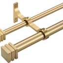 Mayrhyme Double Curtain Rods with Aluminum Full Surround Brackets and Cube Box Finials,Warm Gold Curtain Rods for Windows 36 to 72 inch,1'' Front and 5/8''Back Adjustable Double Drapery Rods