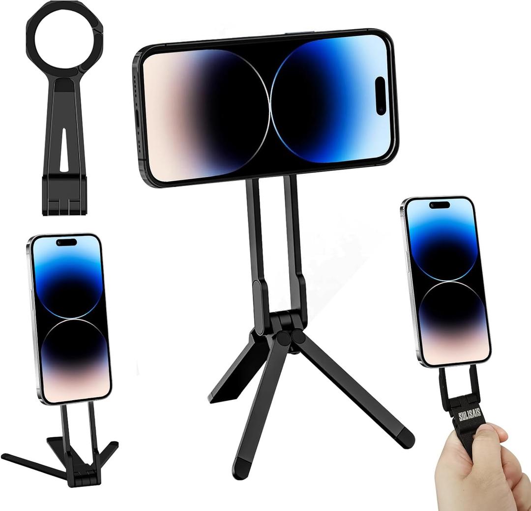 2 x Foldable Magnetic Phone Tripod for iPhone, Mini Tripod Pocket Cell Phone Stand Smartphone Desk Stand, Portable Magnetic Phone Stand with iPhone 16 15 14 13 12, Black