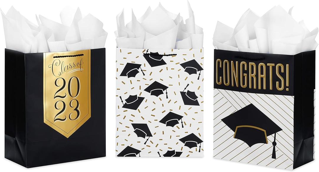Hallmark 13" Large Graduation Gift Bags Assortment with Tissue Paper (3 Bags: Mortarboards, Class of 2023, Congrats) in Black, White and Gold