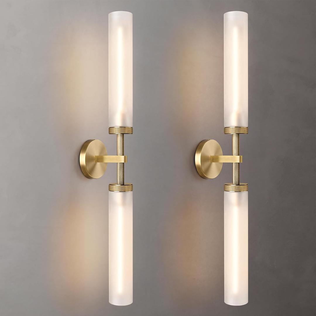2Pc 30" Knurled Brass 2 Light Wall Sconces, Long Modern Hardwired Bathroom Vanity Light, Frosted Glass Tube Linear Wall Light Fixtures, for Mirror,Bedroom,Living Room,Hallway