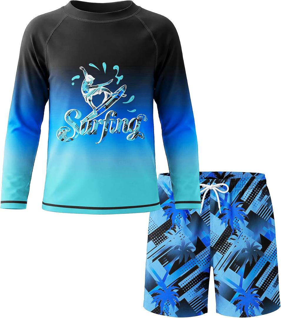 Boys Two Piece Rash Guard Swimsuits Set Kids Long Sleeve Shirt with Swim Trunks Bathing Suit Shorts Swimwear Set 7Years