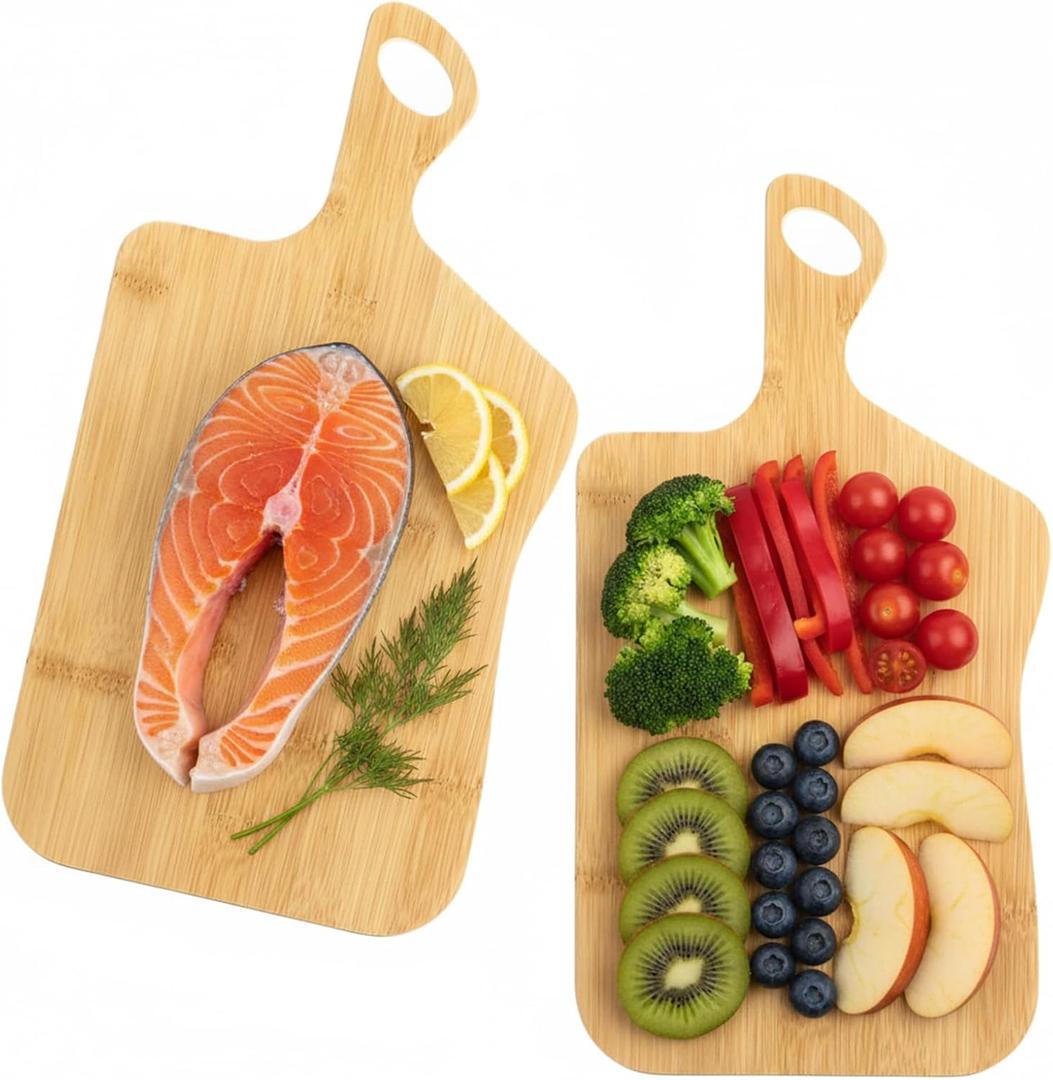 Jucoan 2 Pack Bamboo Cheese Board with Handles, 16 x 8.5 Inch Bamboo Wood Cutting Board Chopping Boards for Pizza, Bread, Cheese, Charcuterie, Fruit, Vegetables, New Home Housewarming Gift