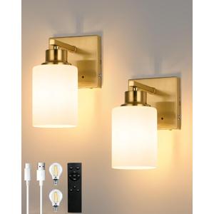 Rayogale Battery Operated Wall Sconce Set of 2, Gold Rechargeable Wall Lights with Timer Function, Easy Install Dimmable Cordless Wall Lamps Sconces Wall Decor for Living Room Bedroom Hallway, 3000K