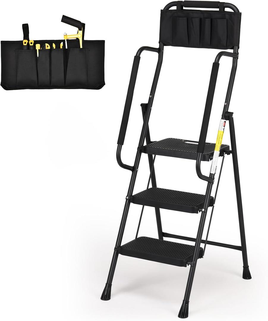 HBTower Step Ladder with Handrails, Folding Step Stool with Attachable Tool Bag & Anti-Slip Wide Pedal for Home Kitchen Pantry Office, Black