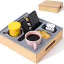 Couch Cup Holder with Lid, Silicone Bed Caddy with Cup Holder, Bed Organizer for Drinks, Snacks, Remotes, Bamboo Couch Caddy for Sofa, Bed and Car(Dark Grey)