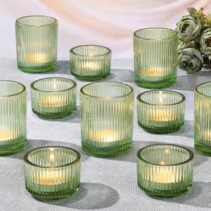 NITIME 10pcs Ribbed Green Votive Candle Holders for Wedding Table Decor, Assorted Tea Light Candle Holder Glass, Green Candle Holders for Table Centerpieces, Birthday and Tea Party Decorations